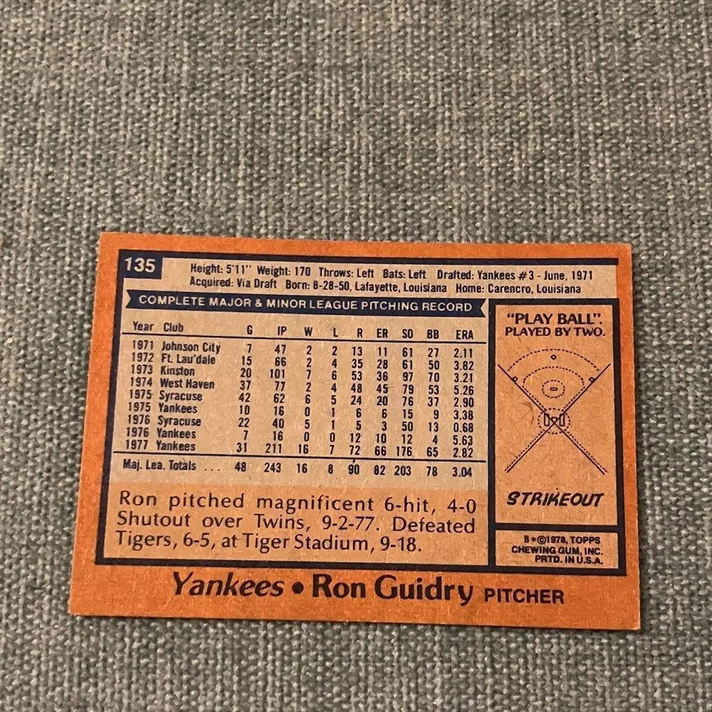 1978 Topps New York Yankees Baseball Card Trading Card